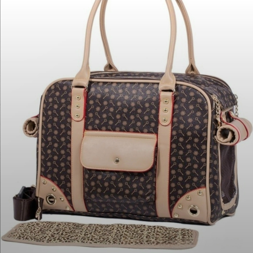 Fine Elegant Canine Couture Stylish Tan Black Faux Leather Signature Pet Carrier